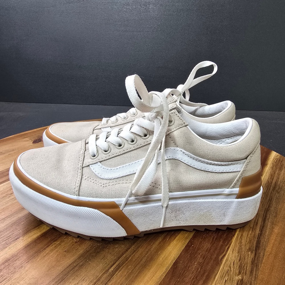 Vans Old Skool Stackform Women 8.5 Beige Platform Chunky Skate Sneaker Gum Sole